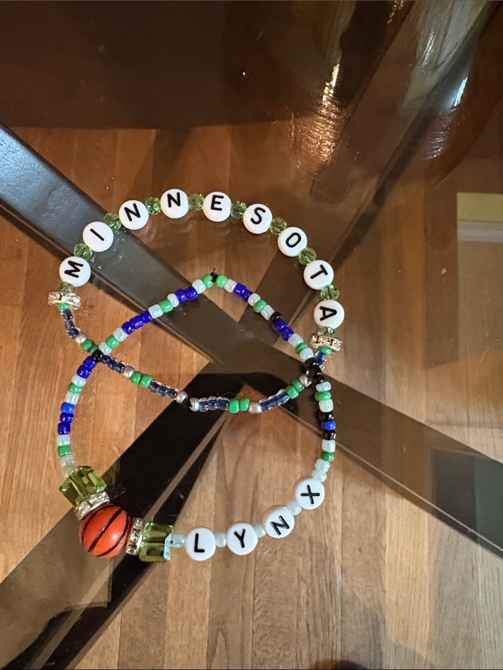 Personalized Green & Blue Beaded Bracelet Set with White Letter Beads